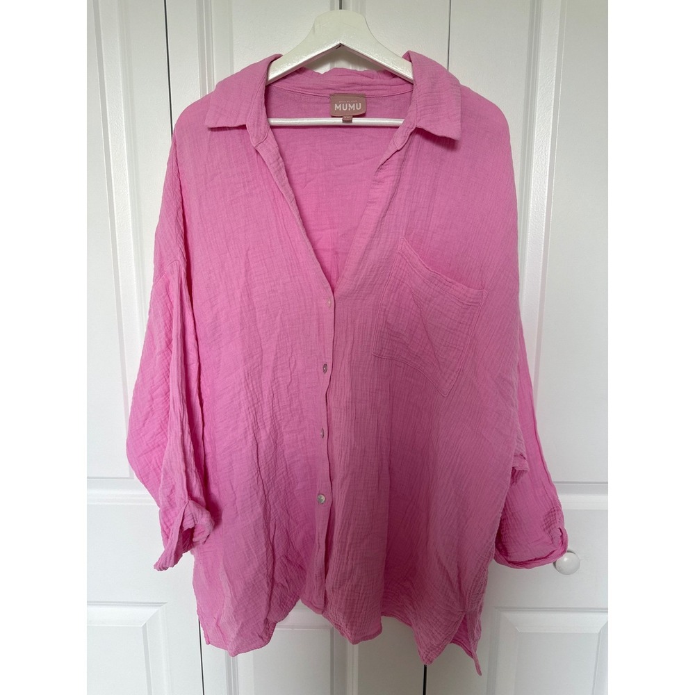 Show Me Your Mumu Pink Double Gauze Oversized Button Down Shirt XXL Made in‎ USA